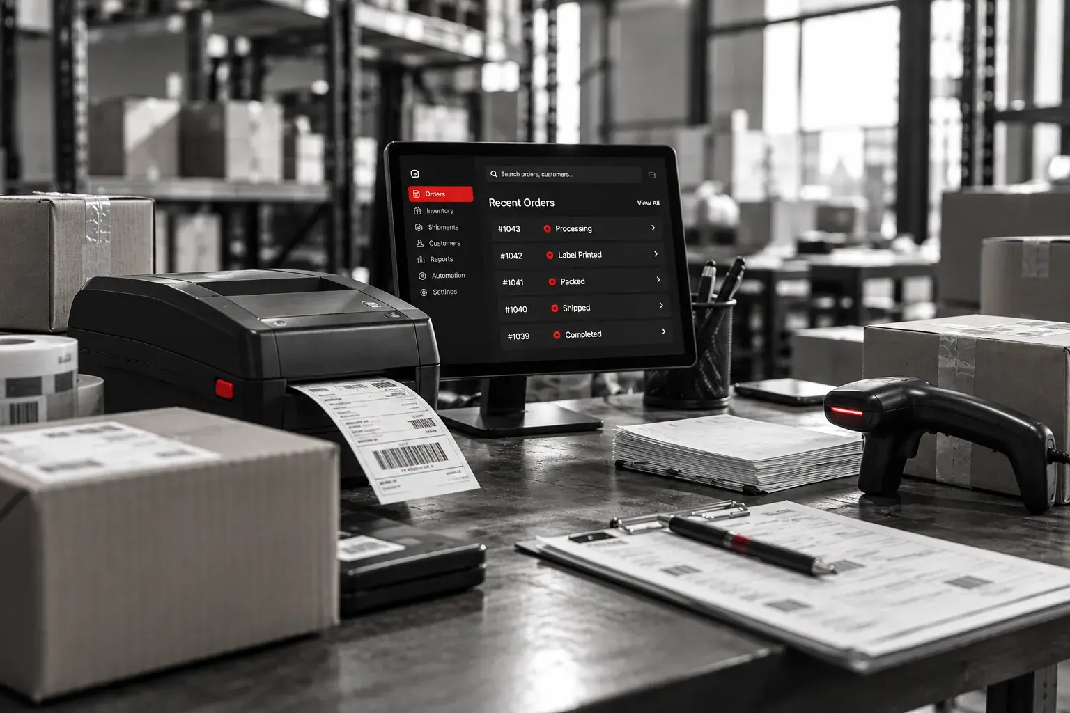 An order dashboard on a screen beside a label printer and barcode scanner in a warehouse