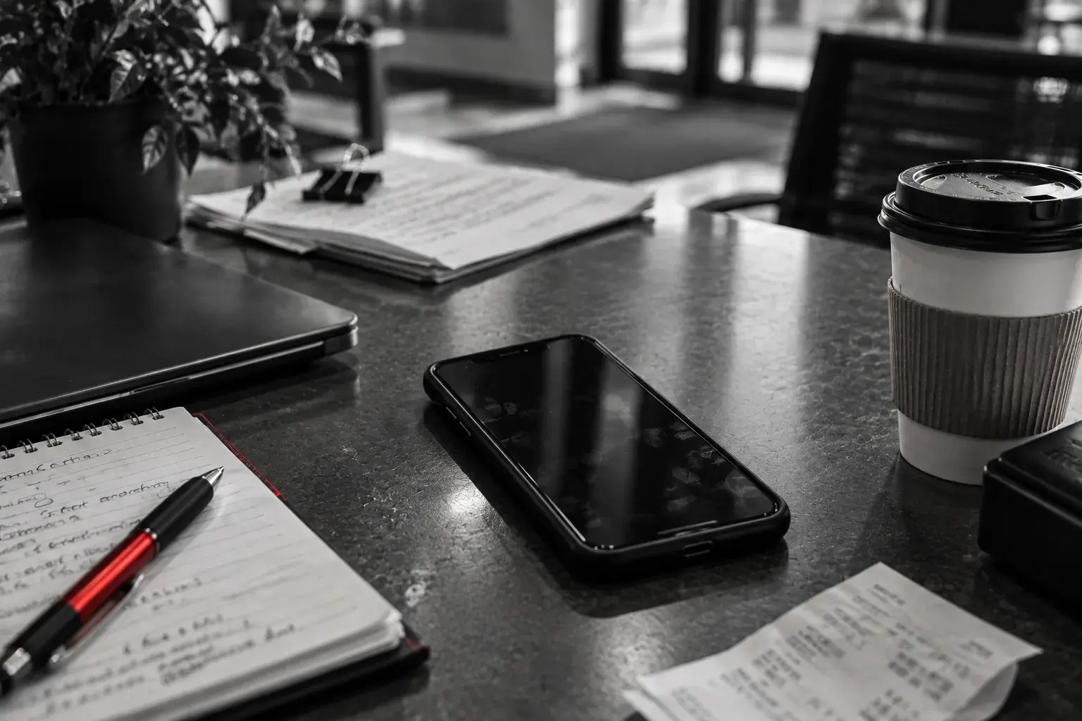 A smartphone lying on a desk beside a notebook, papers and a laptop