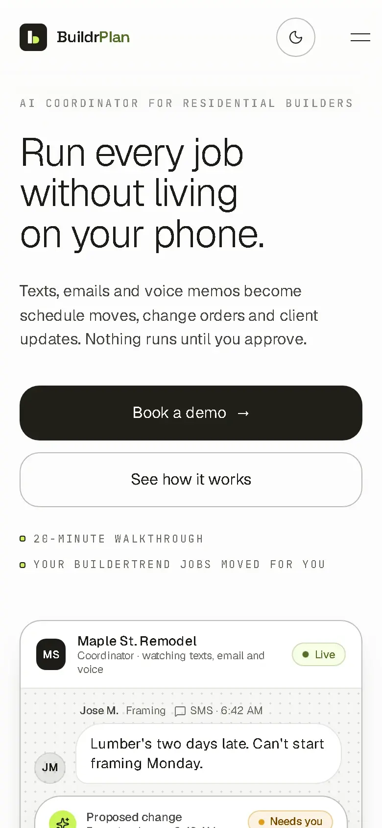 BuildrPlan website homepage on mobile