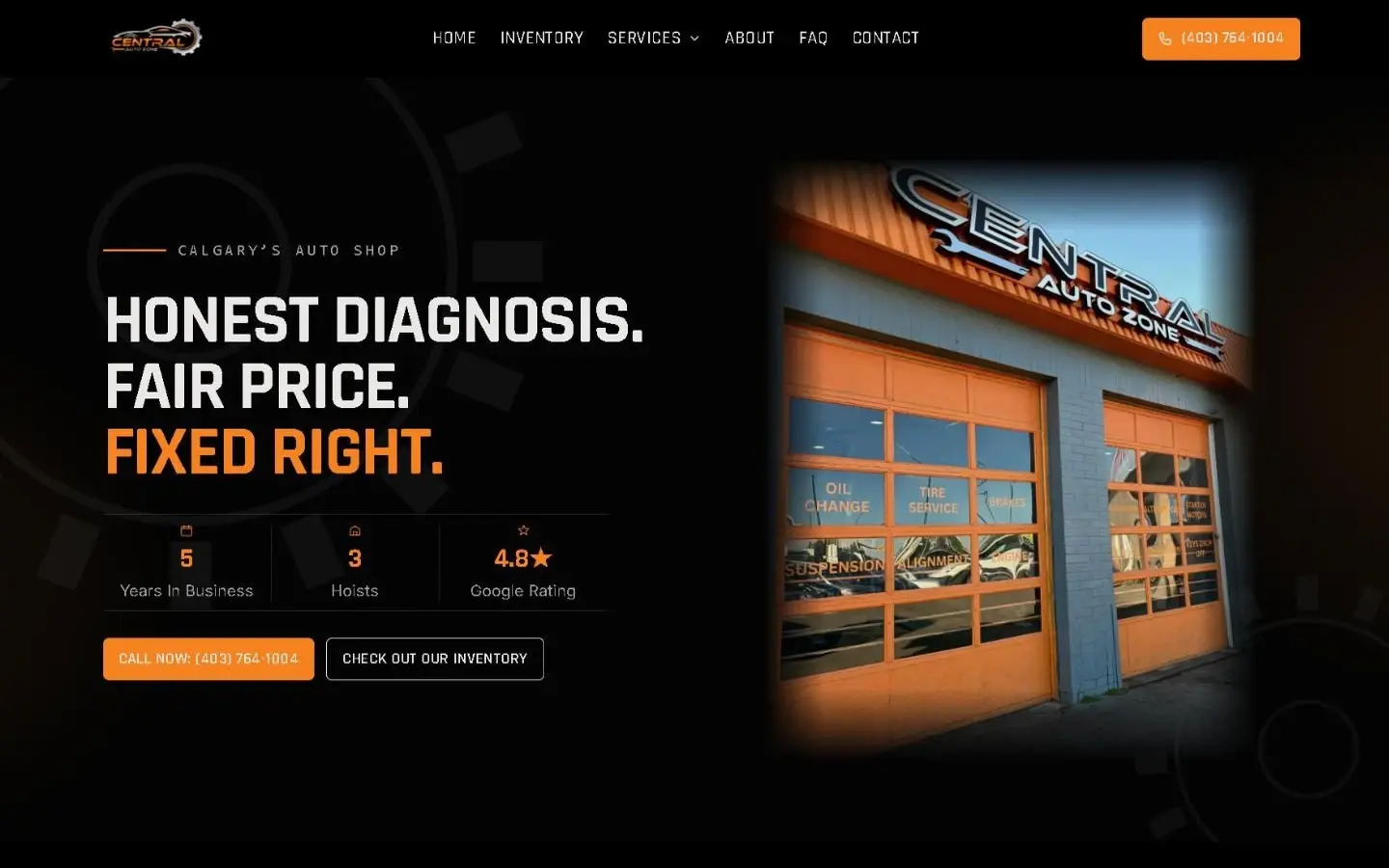 Central Auto Zone website homepage on desktop
