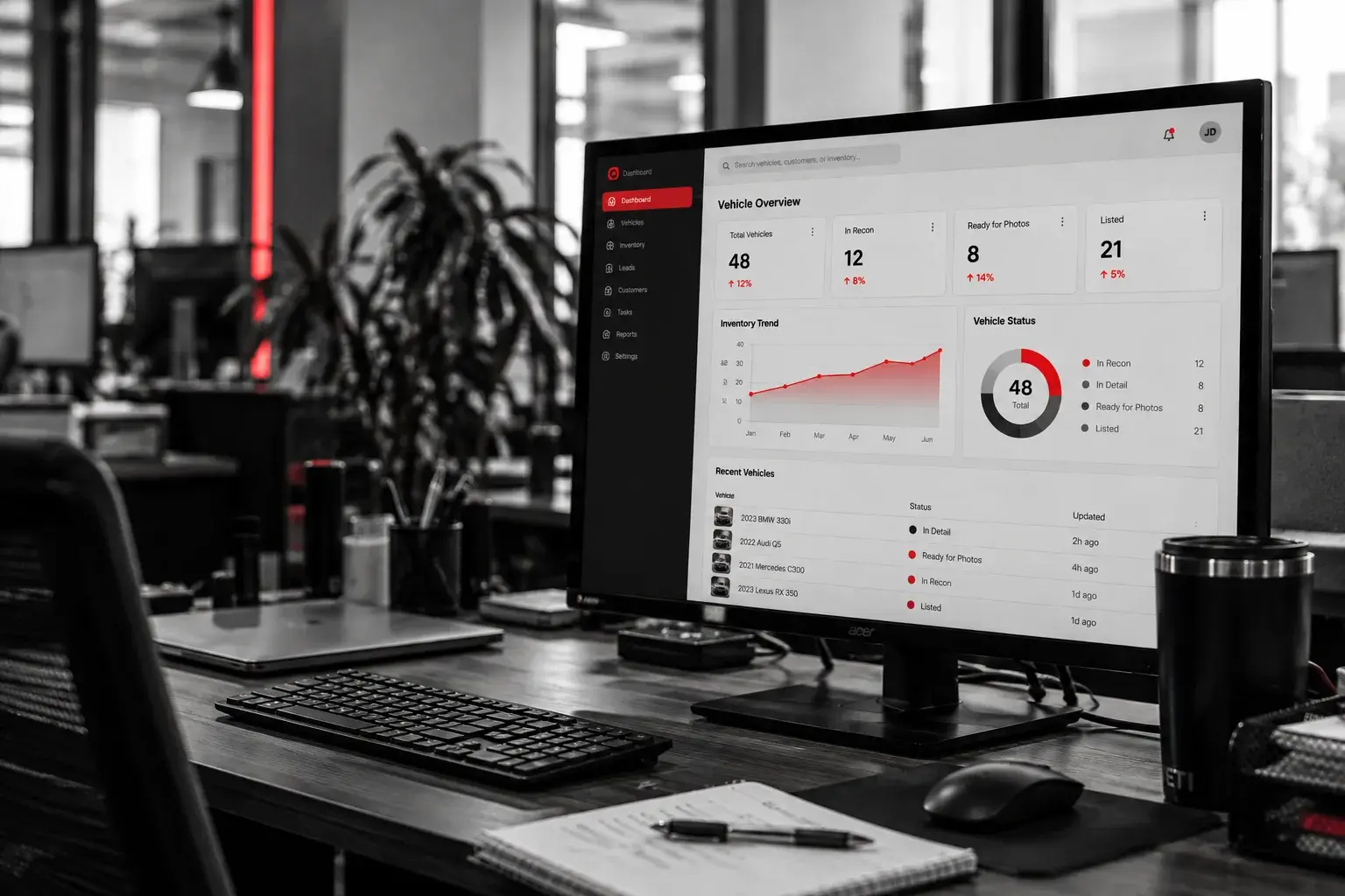 A monitor showing a vehicle inventory dashboard on a busy office desk