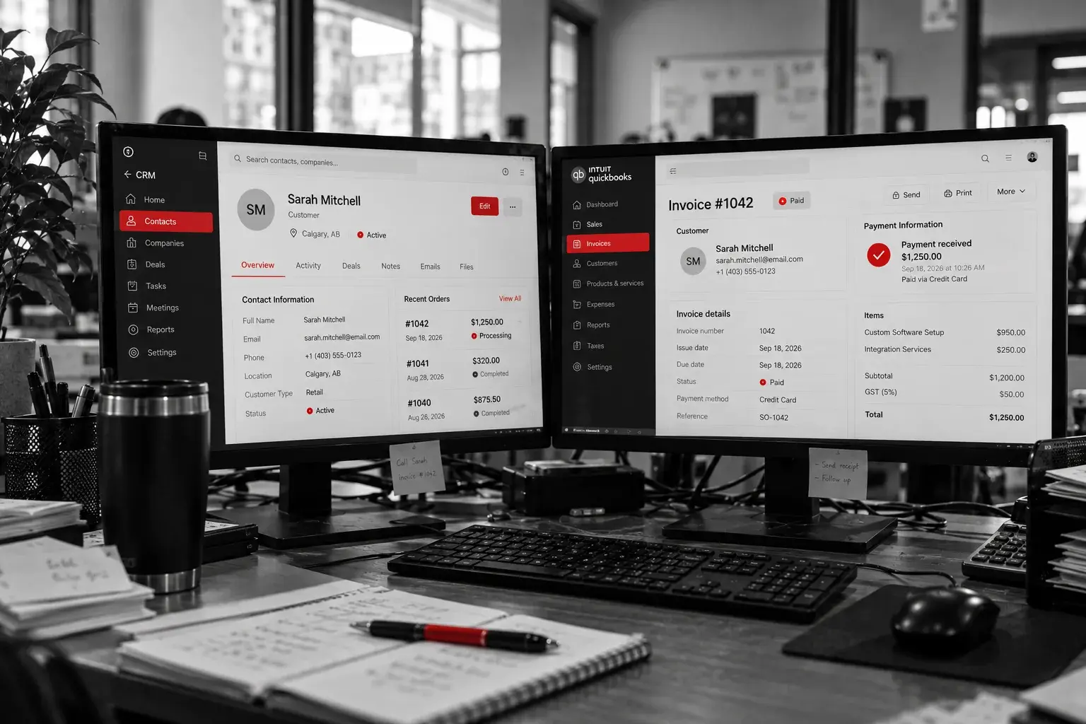 Two monitors side by side, one showing a CRM contact and the other a matching invoice