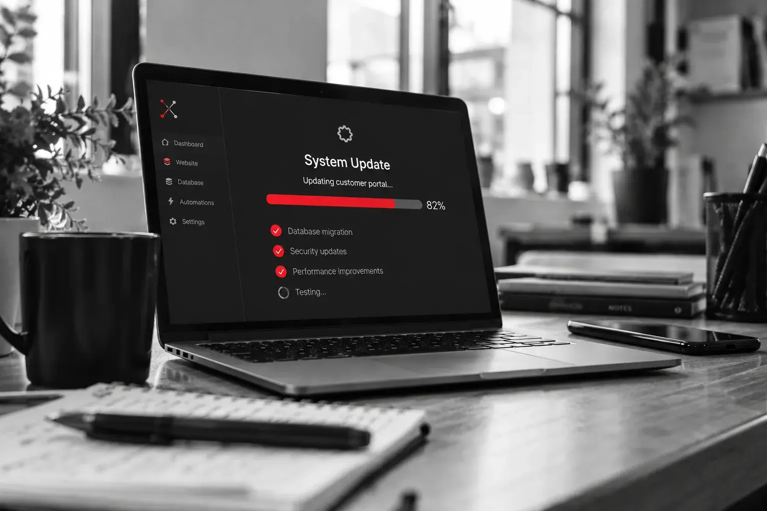 A laptop showing a system update progress screen on a desk