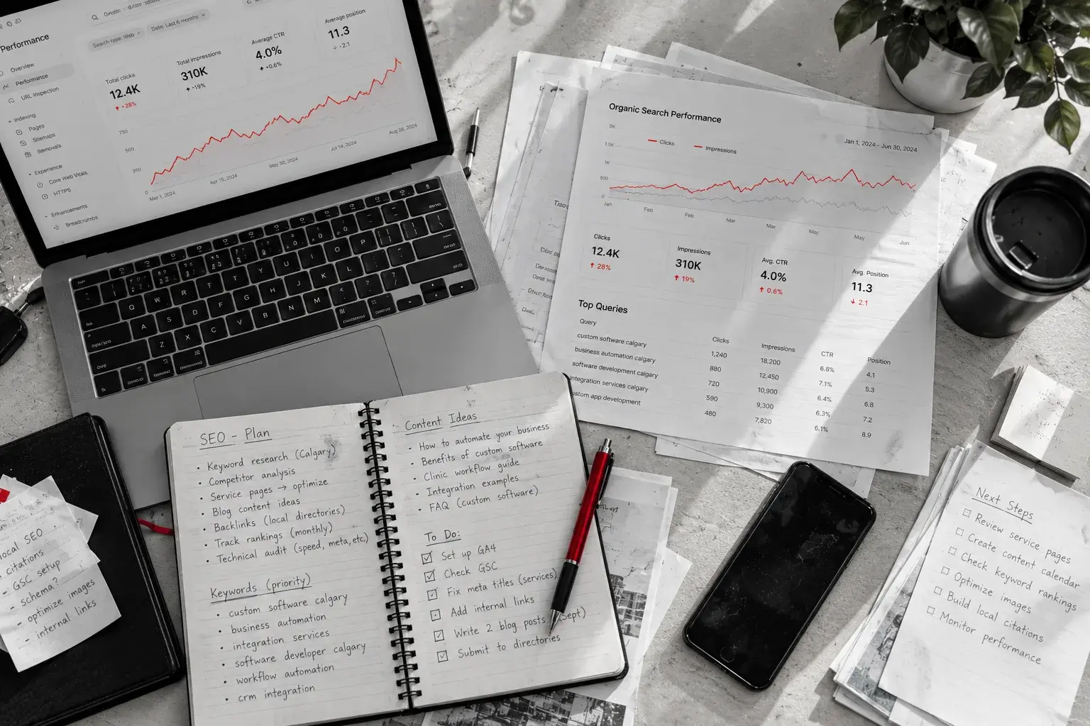 A laptop showing search performance charts beside printed reports and an SEO plan notebook